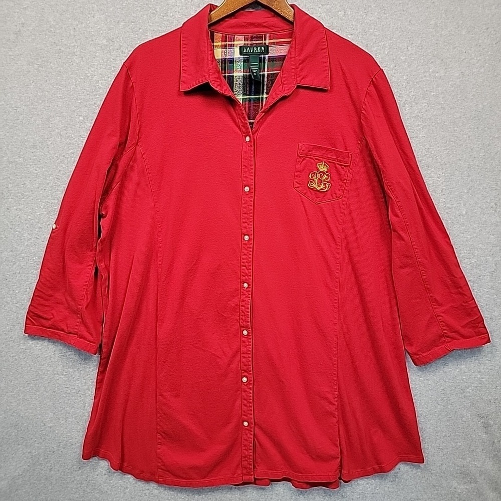 LAUREN RALPH LAUREN Red Long Sleeve Roll Tab Sleepshirt Monogram Crest Cotton 3X